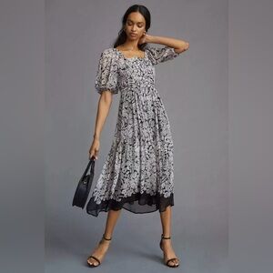 By Anthropologie Squareneck Smocked Midi Dress Womens Sz S Floral Puff Sleeve